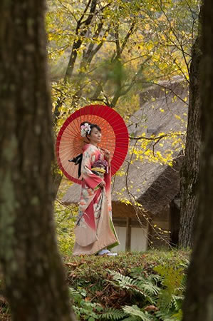 白川郷でピンクの引き振袖を着る花嫁