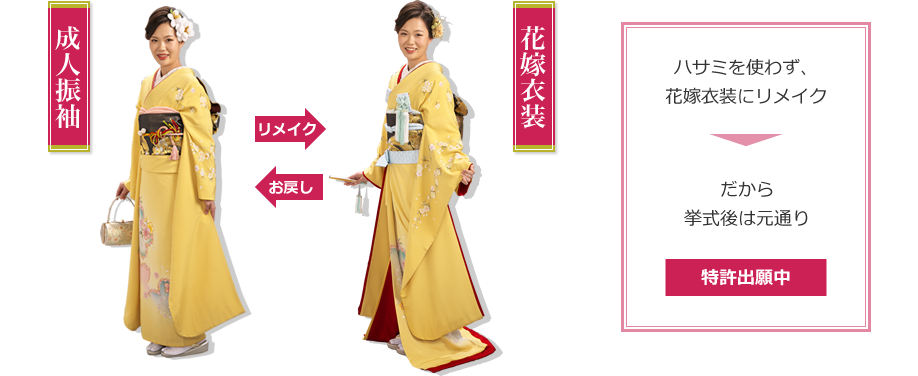 成人式の振袖姿とリメイク後の引き振袖姿