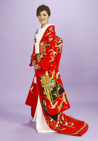 本手描き友禅色打掛ちりめん赤地落款入り