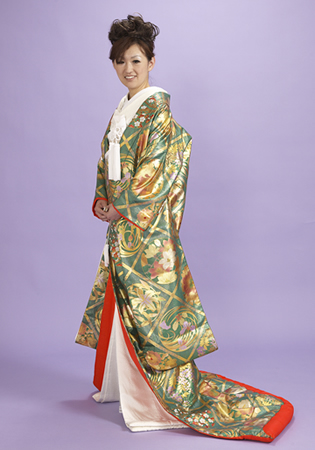 金箔の本手描き友禅色打掛グリーン地