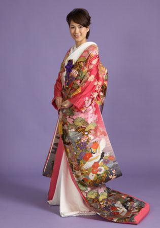 色打掛ピンク地に鶴とオシドリ