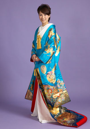 友禅色打掛青地に鶴と四季花