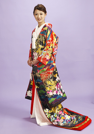 本手描き友禅色打掛赤地に裾黒地金箔鶴柄落款入り