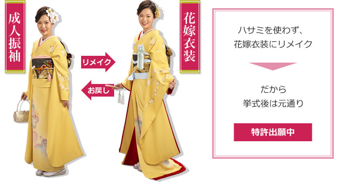 成人式の振袖姿とリメイク後の引き振袖姿