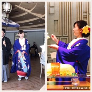 青色のリメイク振袖を着た花嫁