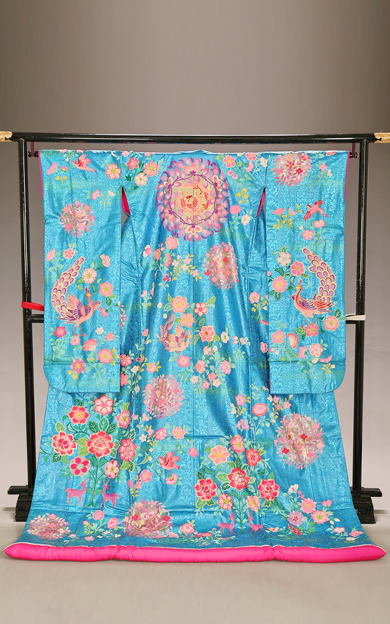 青色の本手描友禅花輪紋に鳳凰柄色打掛レンタル
