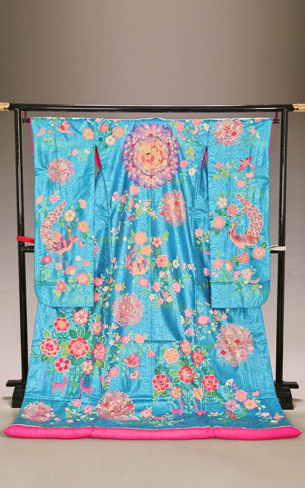 青色の本手描友禅花輪紋に鳳凰柄色打掛レンタル