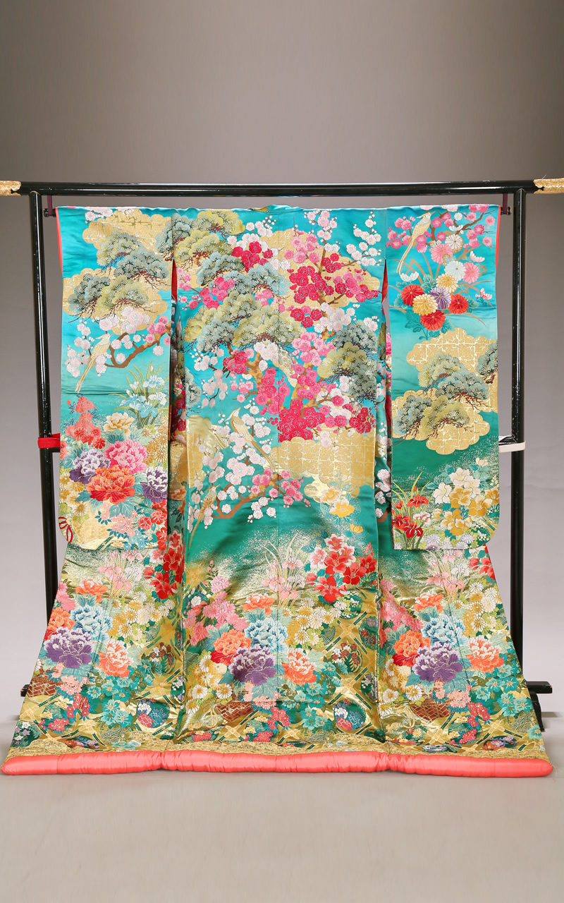 織地松と花柄の青ぼかし色打掛レンタル