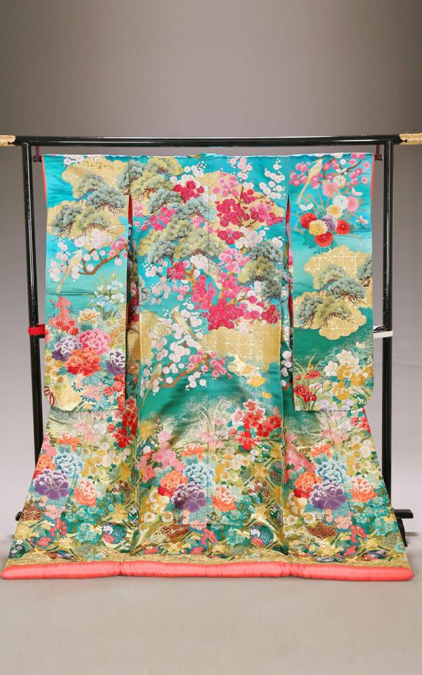 織地松と花柄の青ぼかし色打掛レンタル