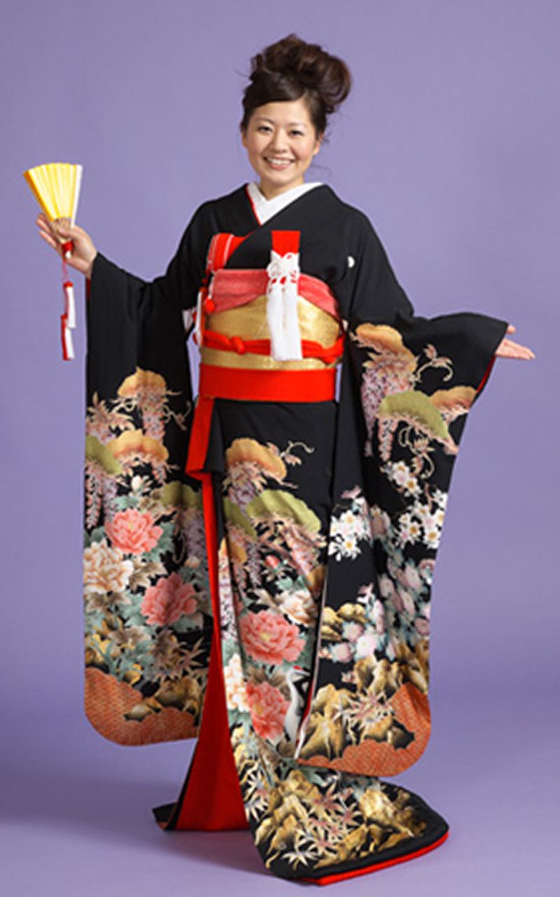 引振袖レンタル　黒地にグレーのラインぼかし小花柄