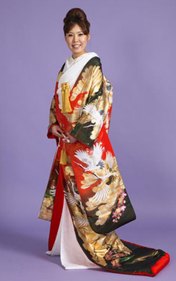 金彩本手描友禅色打掛レンタル　黒赤地