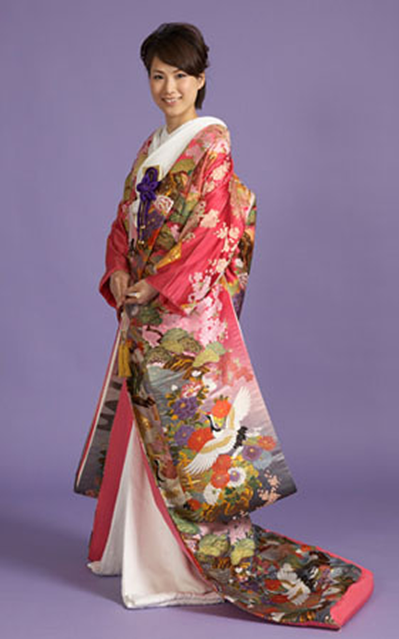 色打掛レンタル ピンク地に鶴とオシドリ