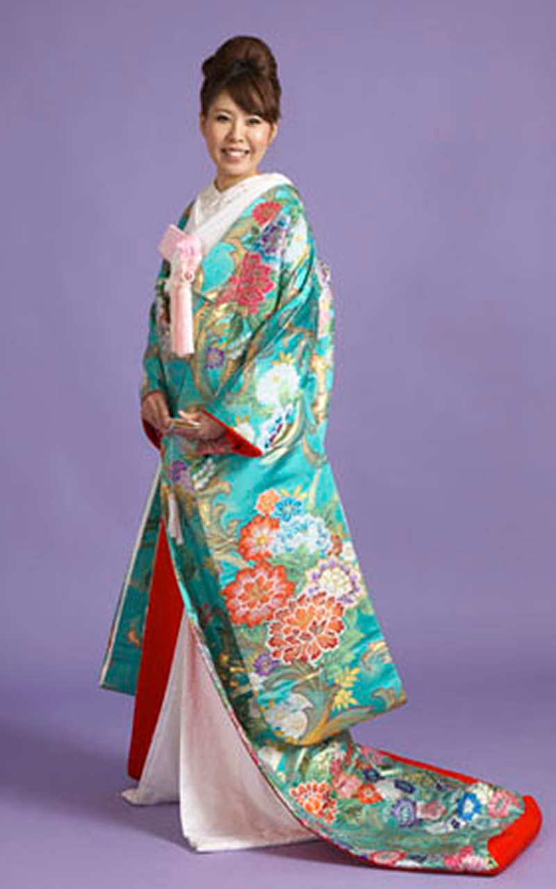 色打掛レンタルぼたん柄のエメラルドグリーンの織物