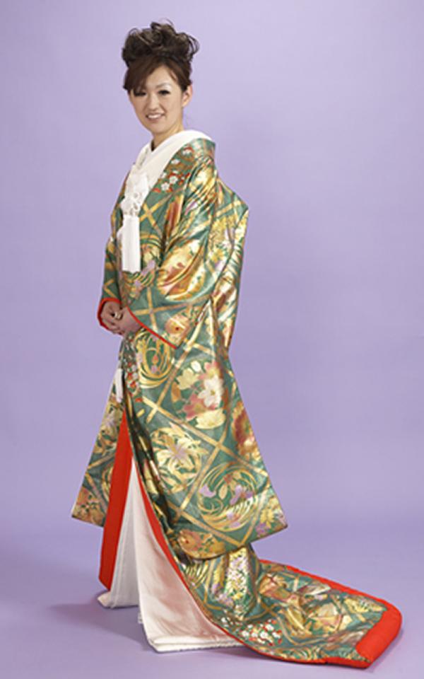 金箔の本手描き友禅色打掛レンタル　グリーン地