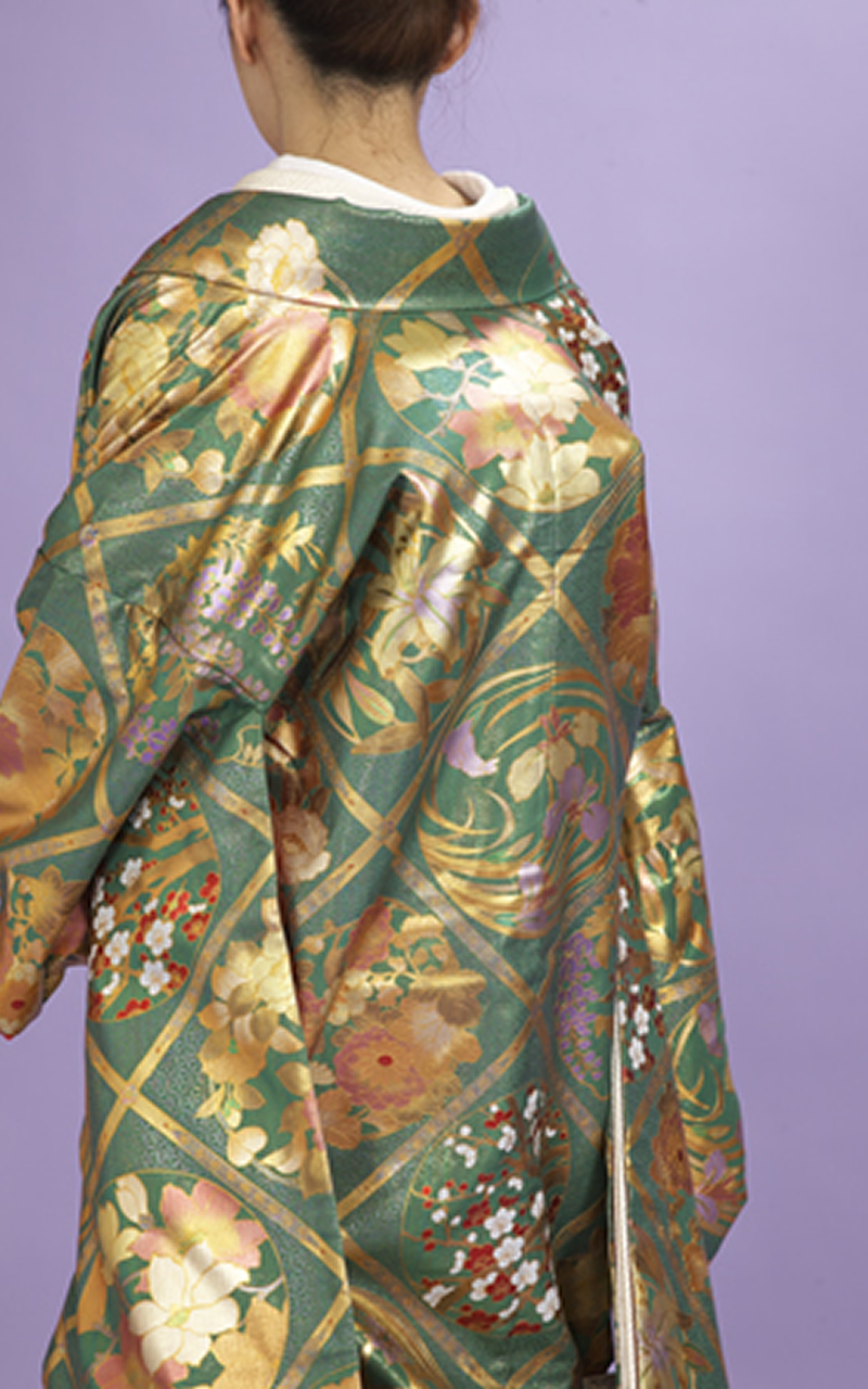 金箔の本手描き友禅色打掛レンタル　グリーン地