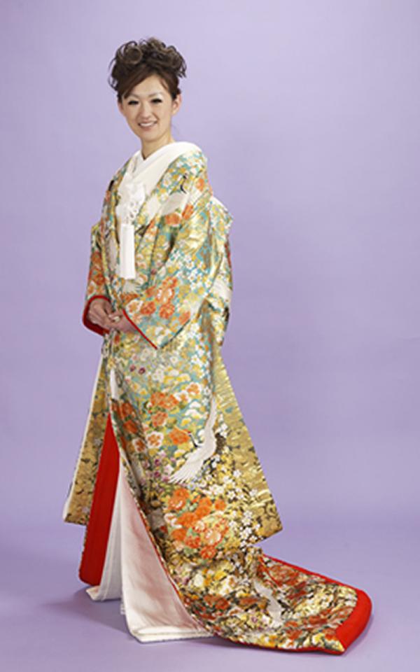 色打掛レンタル　緑地に四季の花柄　佐賀錦織物