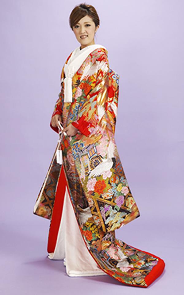 色打掛レンタル　赤地に御所車・鶴・四季花柄