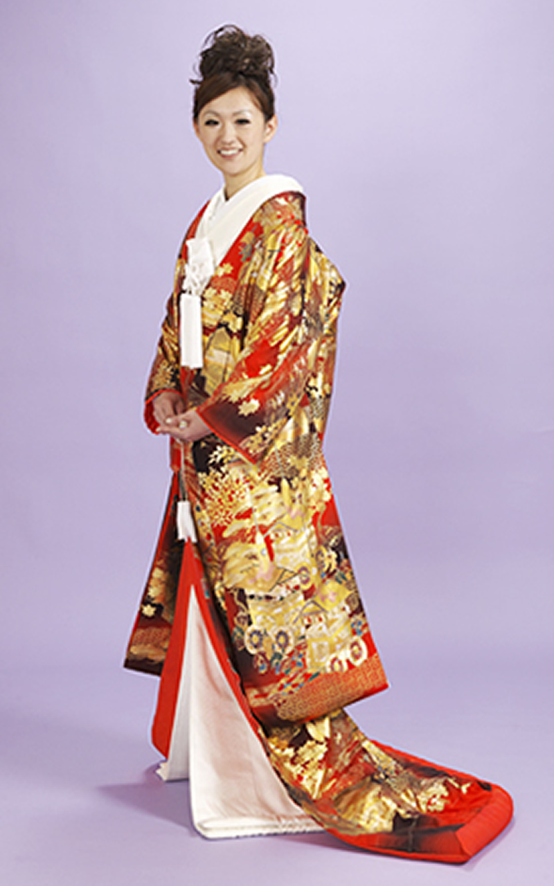 本手描友禅色打掛レンタル赤地に京都絵巻柄