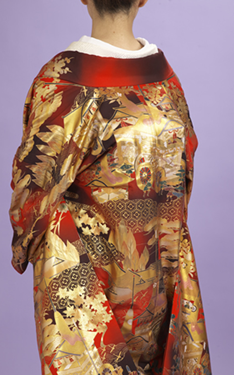 本手描友禅色打掛レンタル赤地に京都絵巻柄