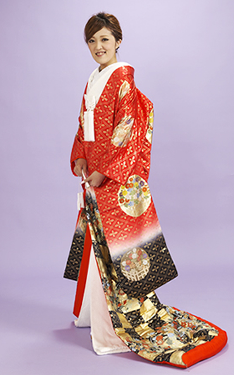 色打掛レンタル　赤地に花紋・市松模様柄