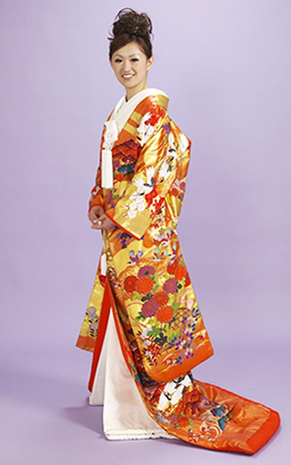 オレンジ地本手描き友禅色打掛レンタル