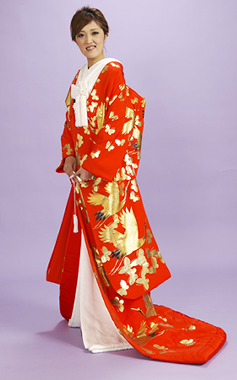 本手描き友禅色打掛レンタル　赤地に本金箔の鶴・蝶柄