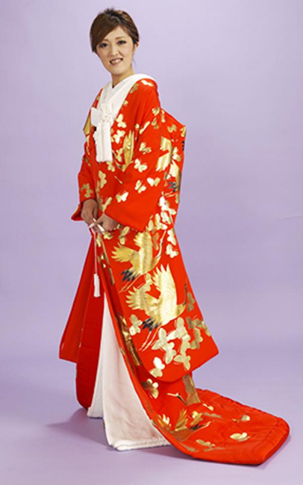 本手描き友禅色打掛レンタル　赤地に本金箔の鶴・蝶柄