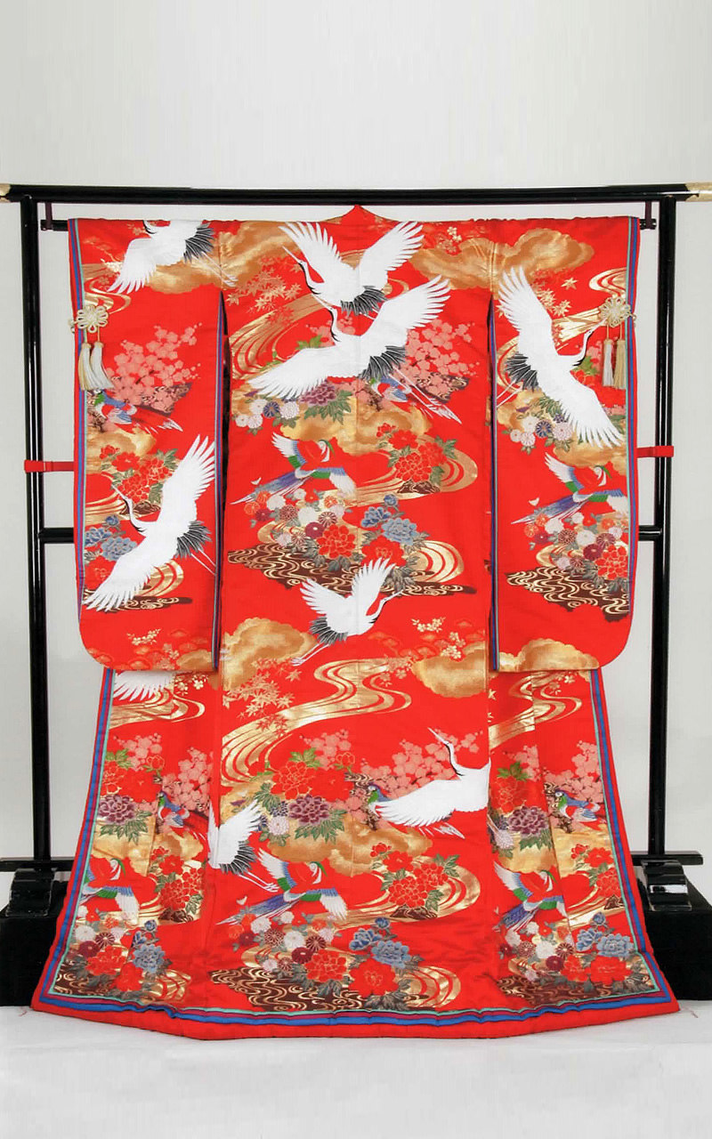 色打掛レンタル 本手描き友禅 赤地に鶴と流水