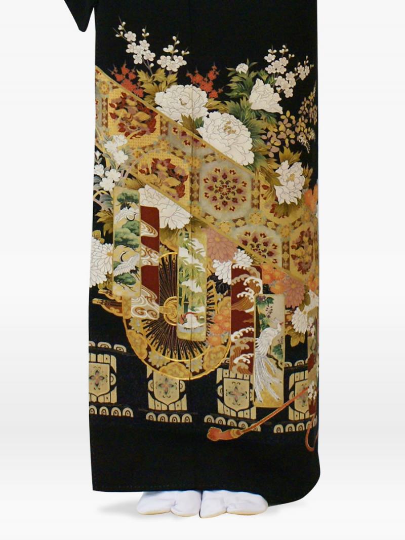 黒留袖 鳳凰柄 高級黒留袖レンタル】t-603 山口美術織物謹製・鳳凰柄の総刺繍 L