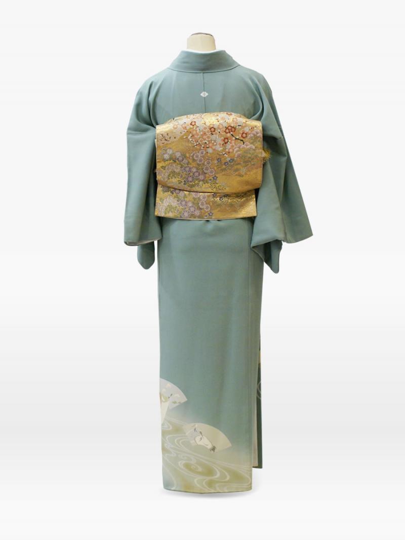 青緑色の扇面流水花柄の色留袖