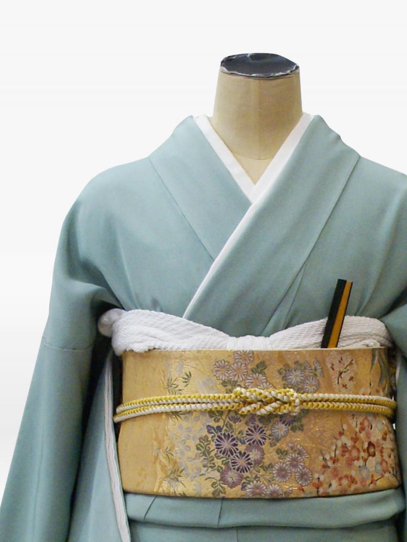 青緑色の扇面流水花柄の色留袖