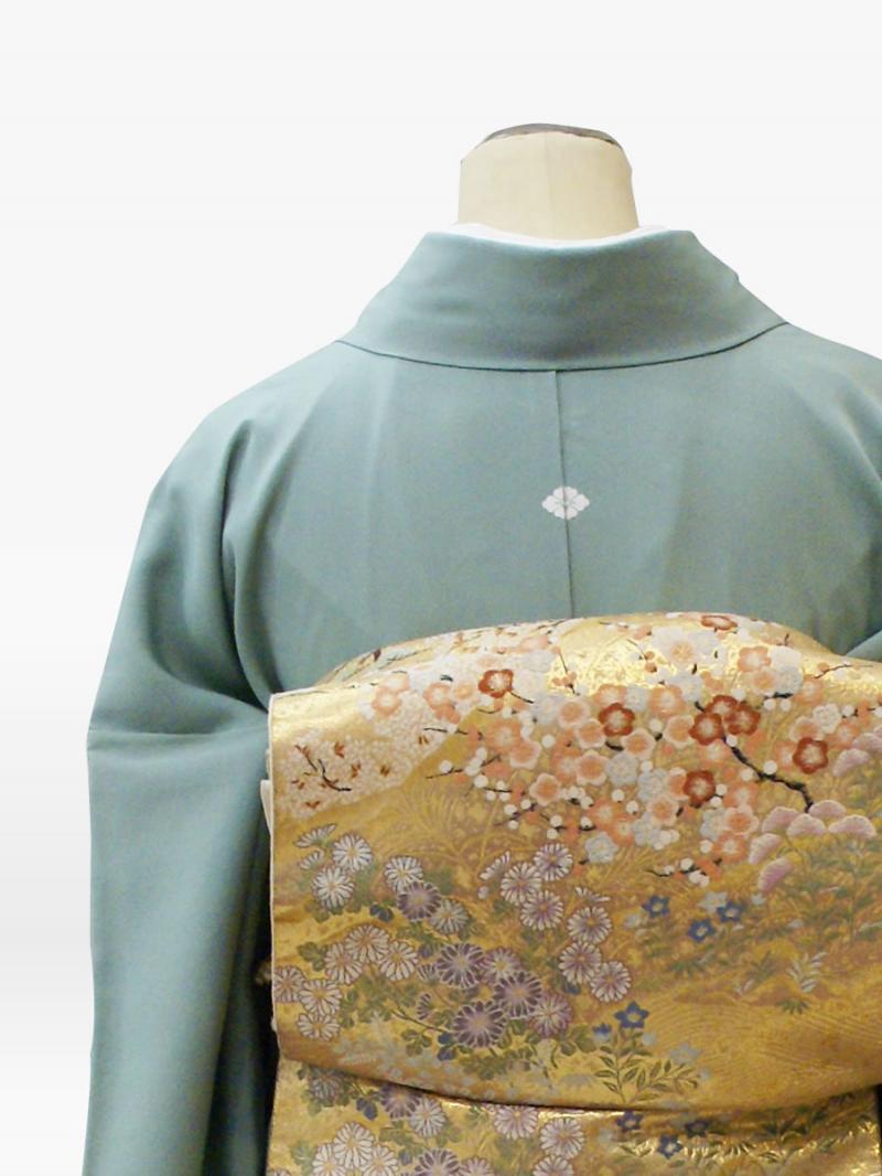 青緑色の扇面流水花柄の色留袖