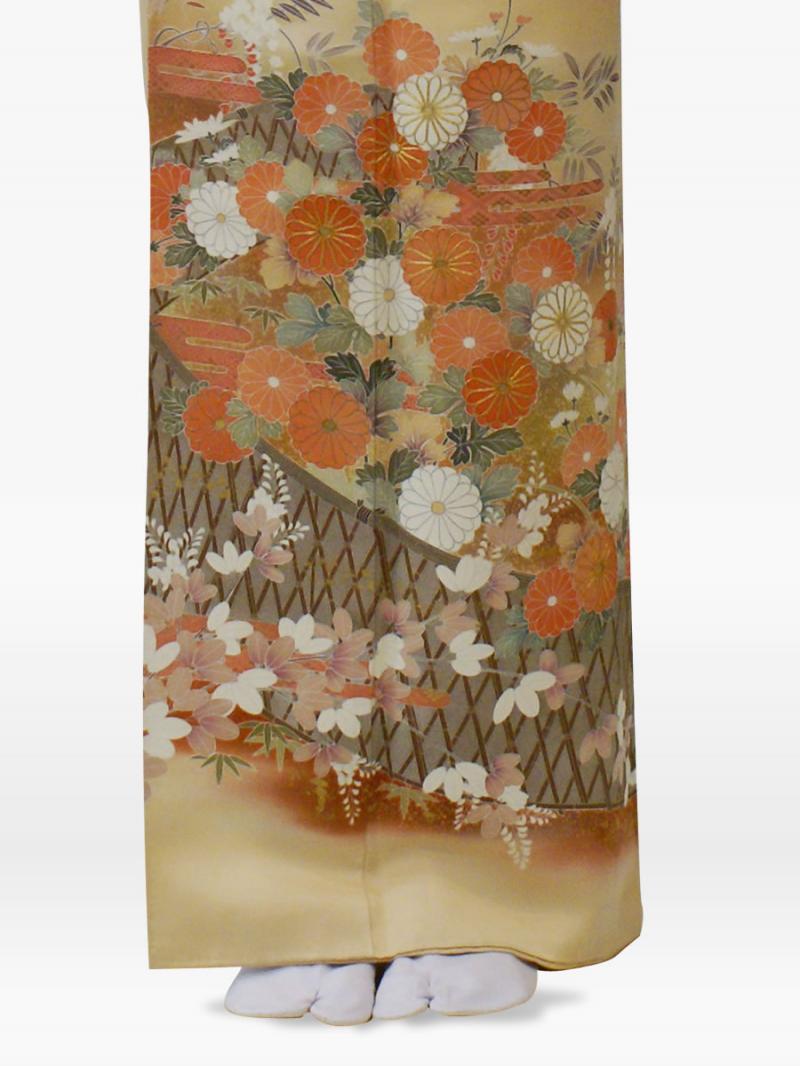 黄色ベージュ色の菊柄の色留袖
