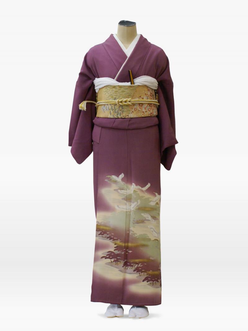青紫色の千羽鶴に松林の色留袖