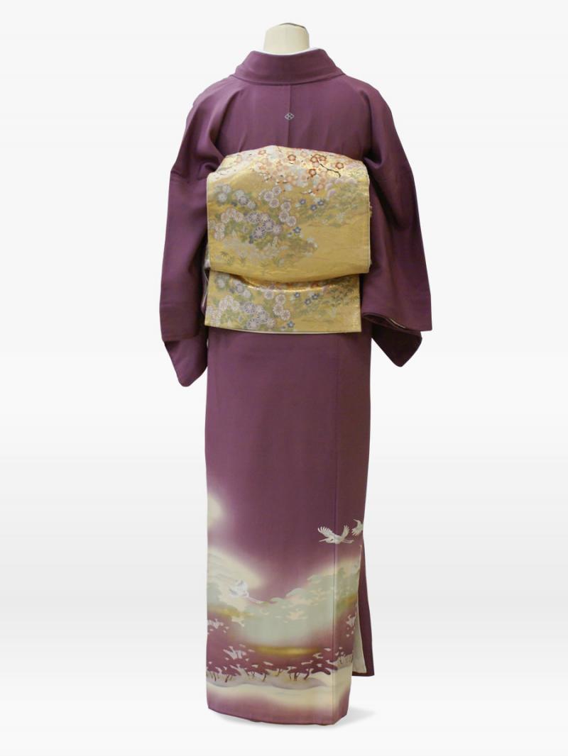 青紫色の千羽鶴に松林の色留袖