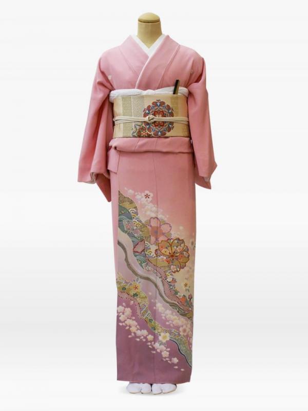 ピンク色の扇面に桜の色留袖