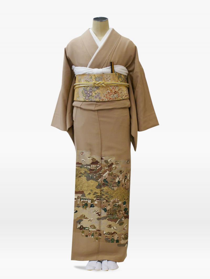 茶色ベージュ色の貝合せ源氏車京風景の色留袖