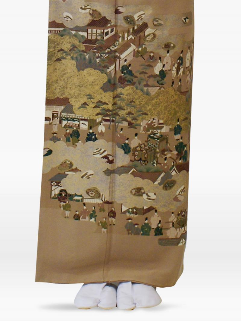 茶色ベージュ色の貝合せ源氏車京風景の色留袖